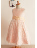 Pink Lace Satin Cap Sleeves Knee Length Flower Girl Dress 